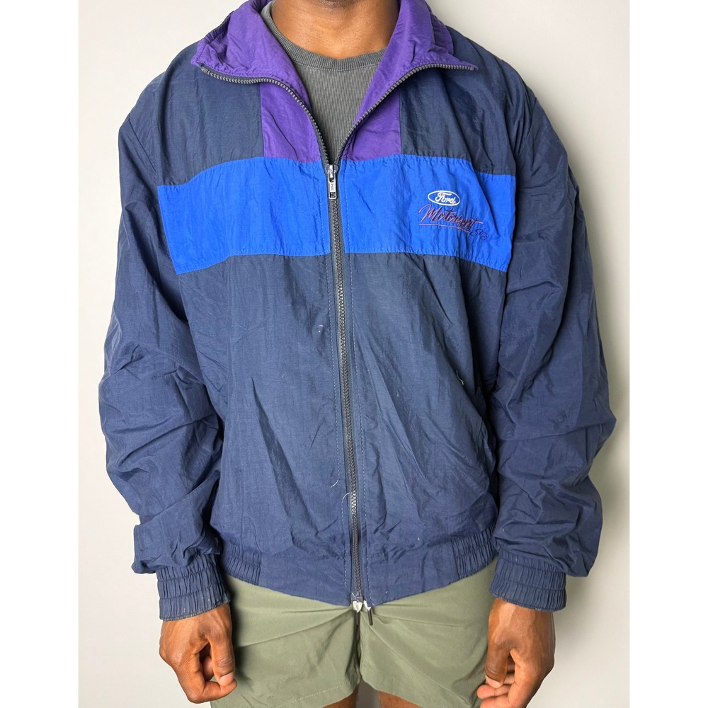 Vintage Ford Motorsport Jacket Mens Large Navy Blue Purple Windbreaker USA Made